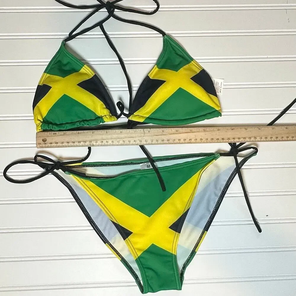 Women Jamaica Flag Bikini Set Tie Side Triangle 2 Piece Swimsuit M